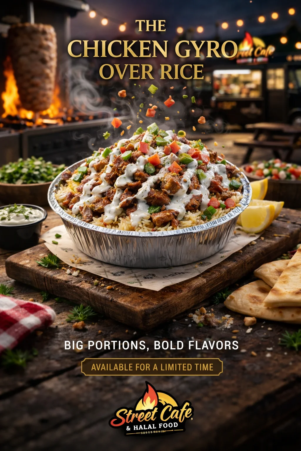 A hearty portion of chicken gyro served over rice, garnished with vegetables and sauce, set against a vibrant outdoor backdrop.
