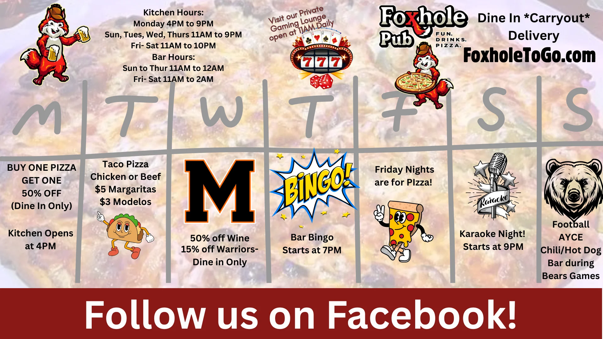 Weekly specials and events at Foxhole Pub with pizza and drinks promotions