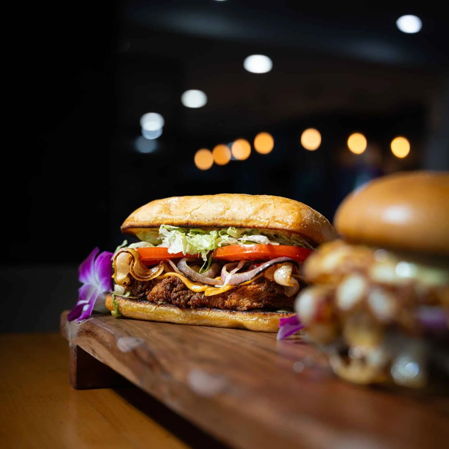 Crispy fried chicken sandwich with fresh toppings