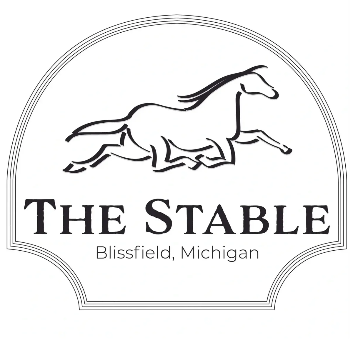 Logo of The Stable restaurant in Blissfield, Michigan featuring a running horse.
