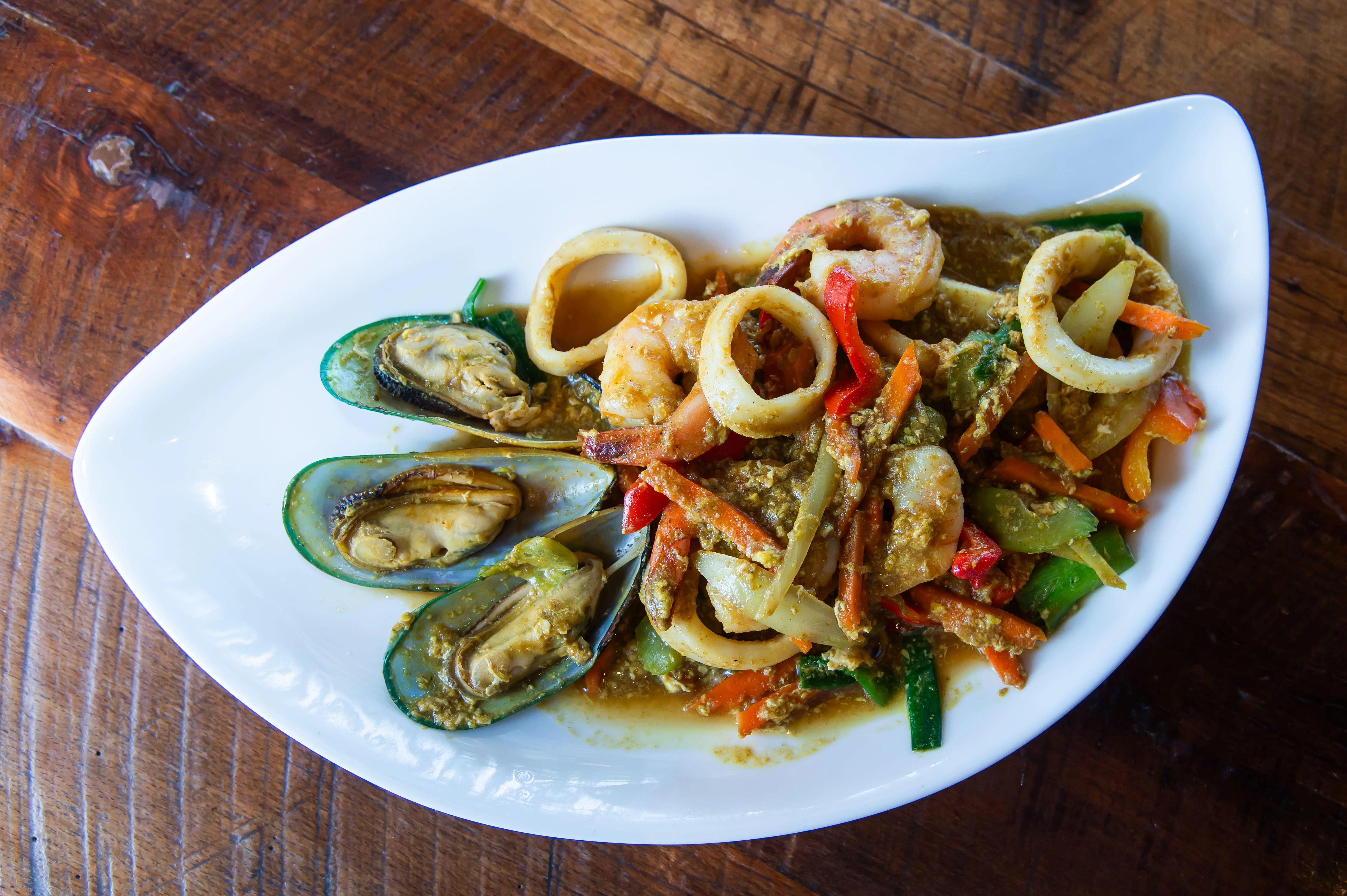 Thai seafood curry with shrimp and squid