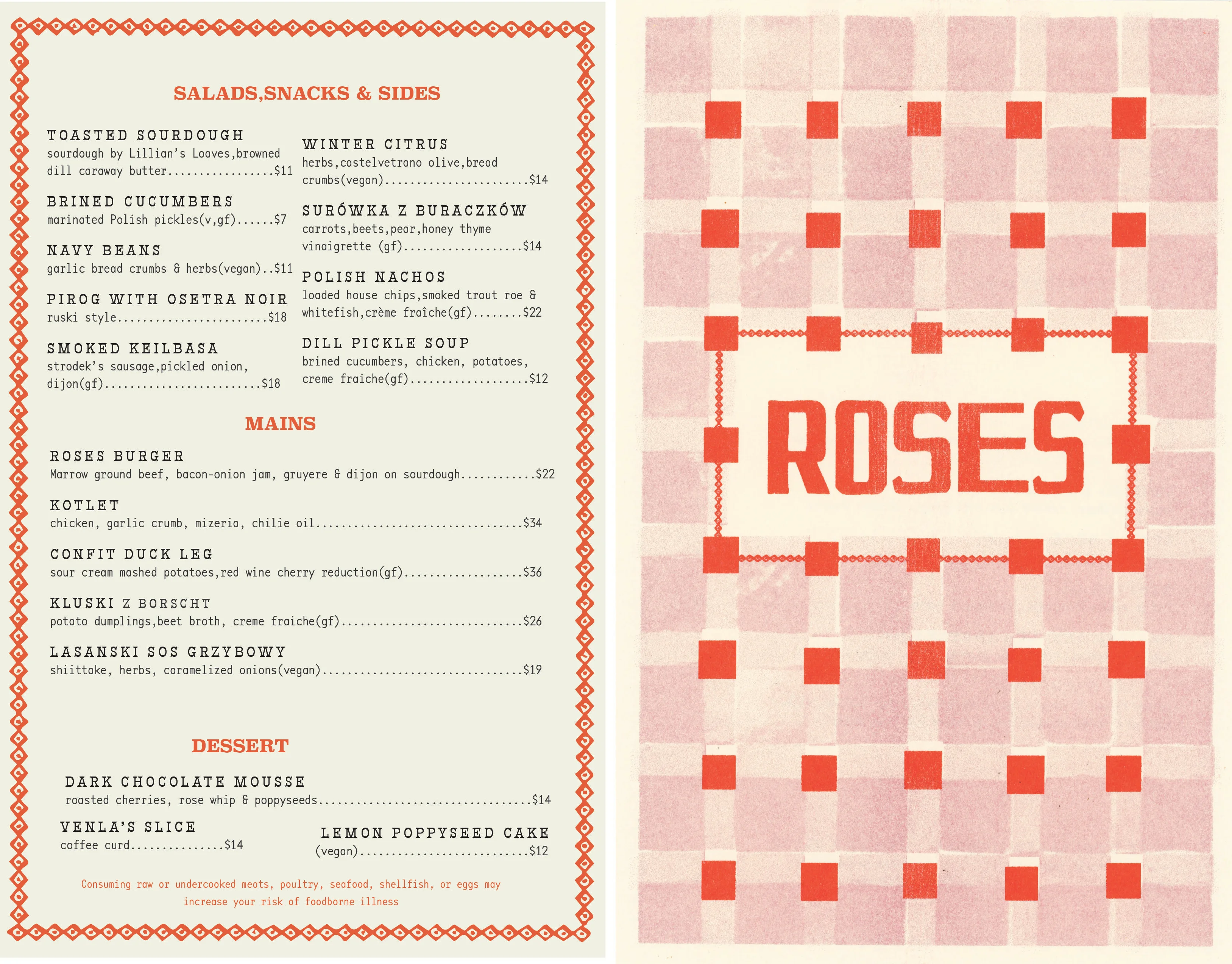 Menu featuring Polish cuisine with various traditional dishes