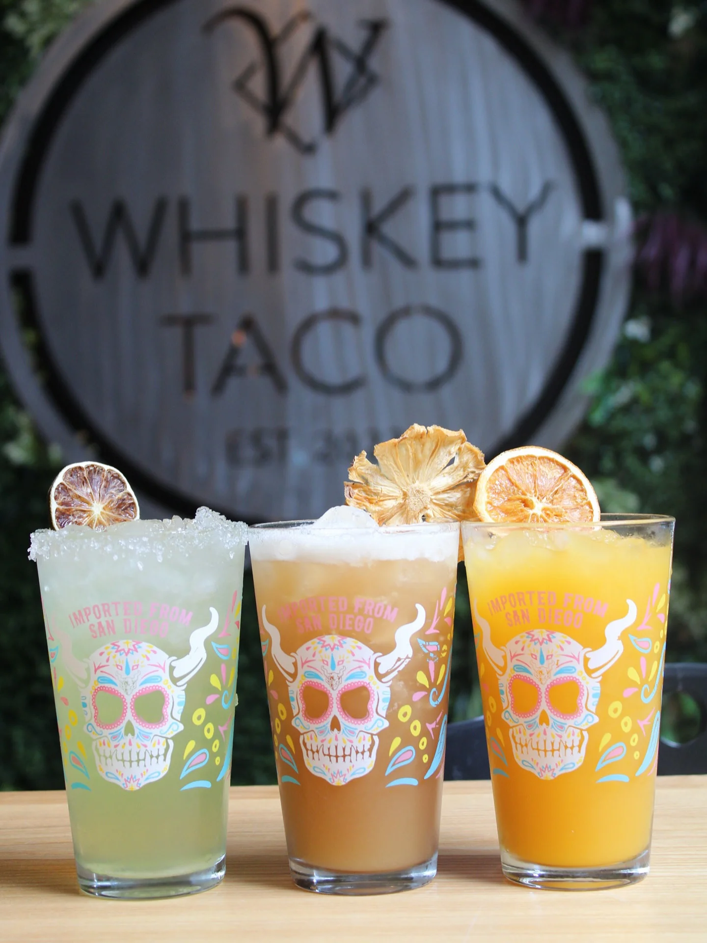 Colorful cocktails served at a vibrant bar