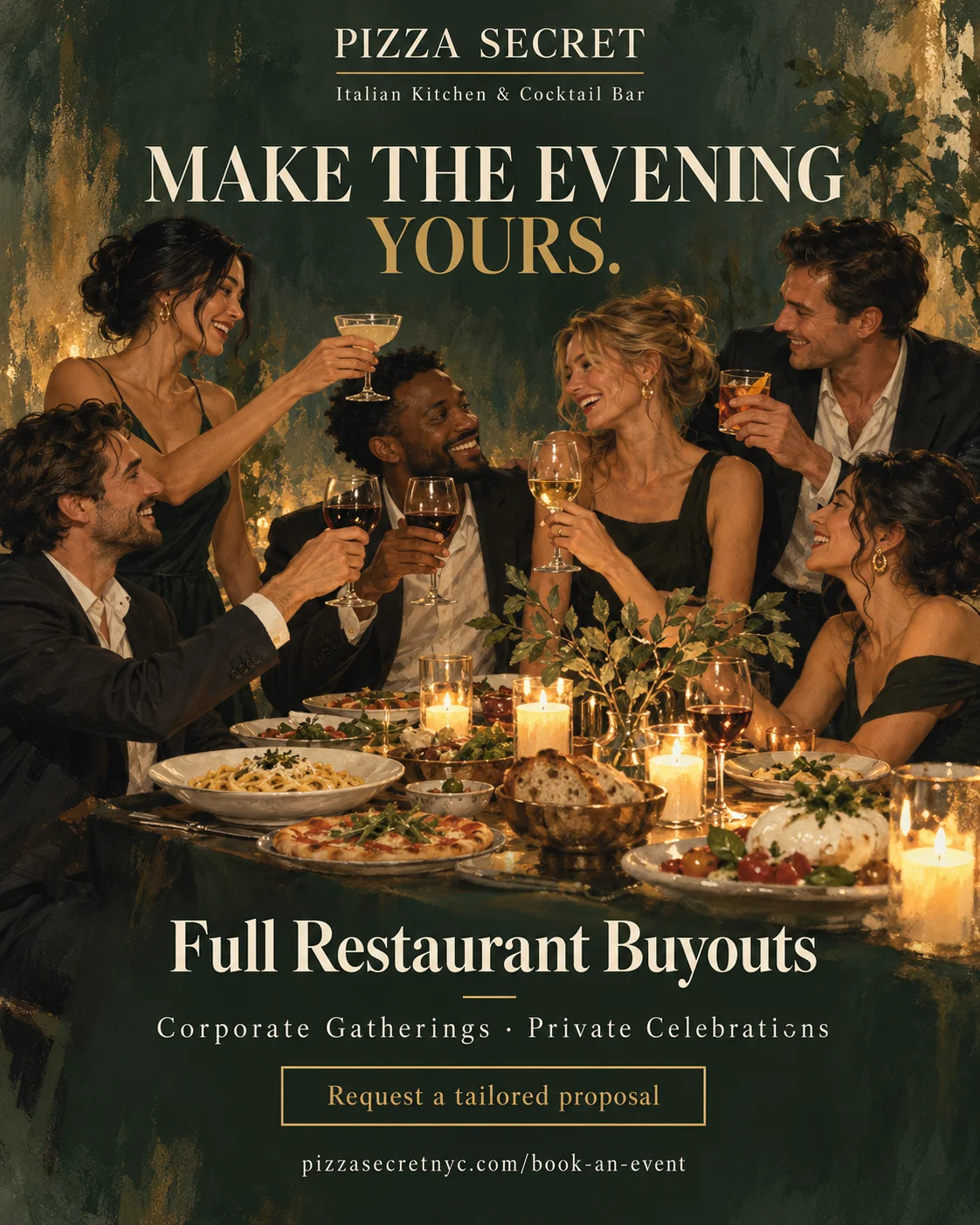Full restaurant buyouts and private celebrations at Pizza Secret, illustrated campaign