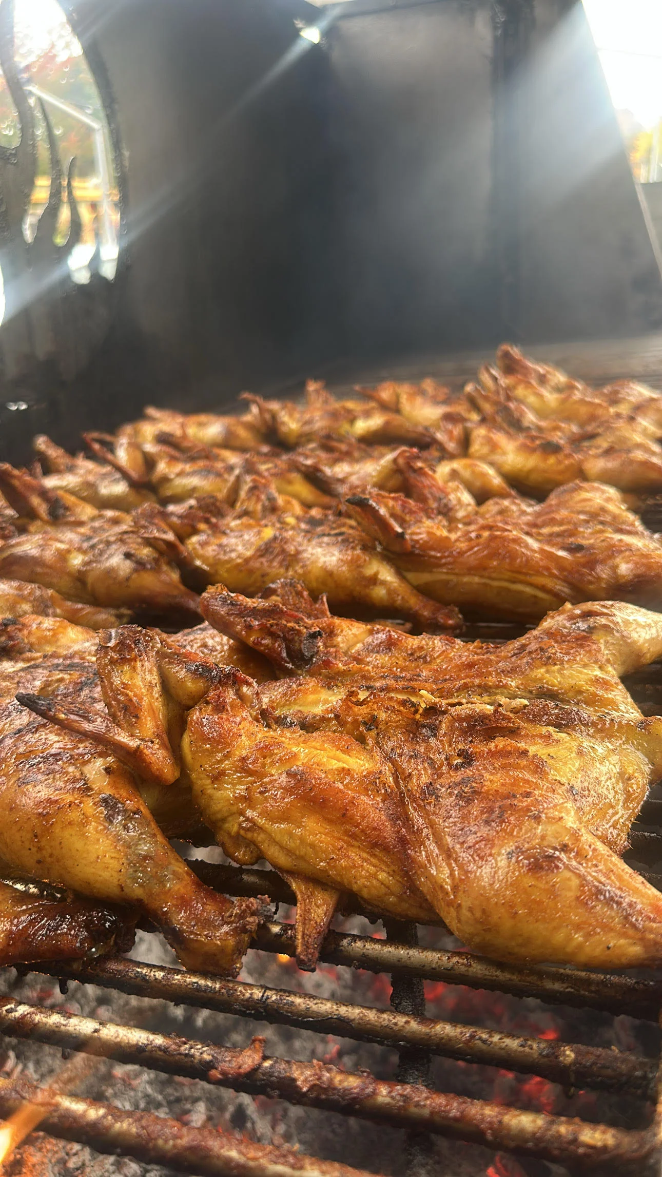 Grilled Peruvian pollo a la brasa on a barbecue