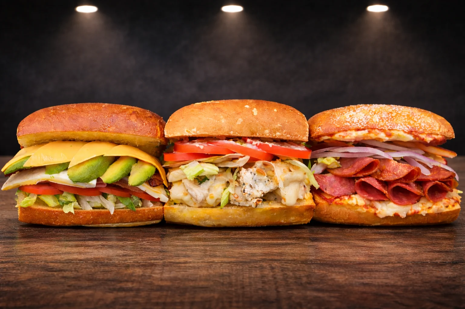 Assorted gourmet sandwiches on a wooden table