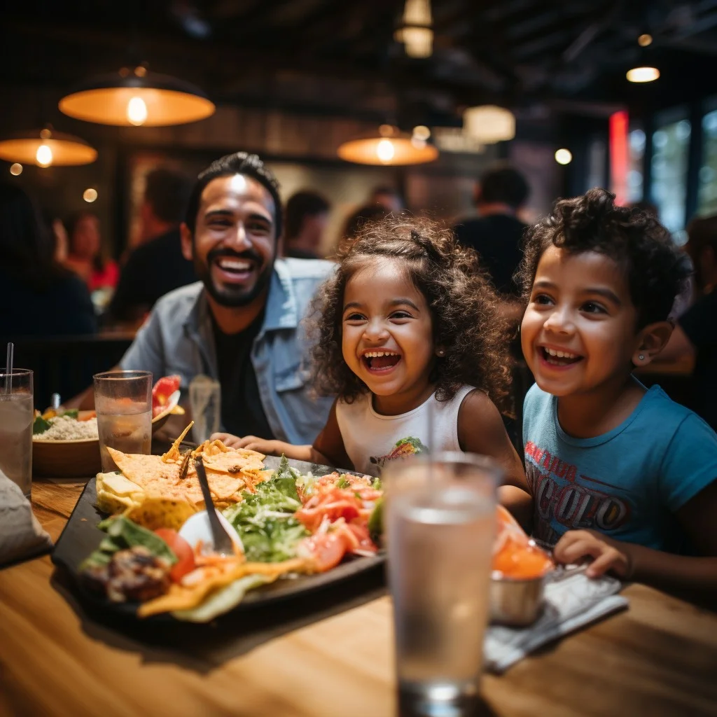 Family enjoying a vibrant platter of nachos in a lively restaurant