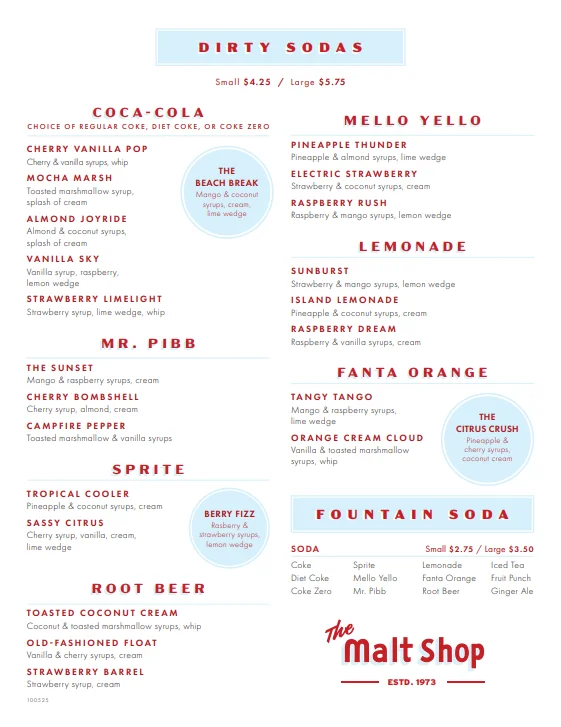 Menu of specialty sodas at The Malt Shop