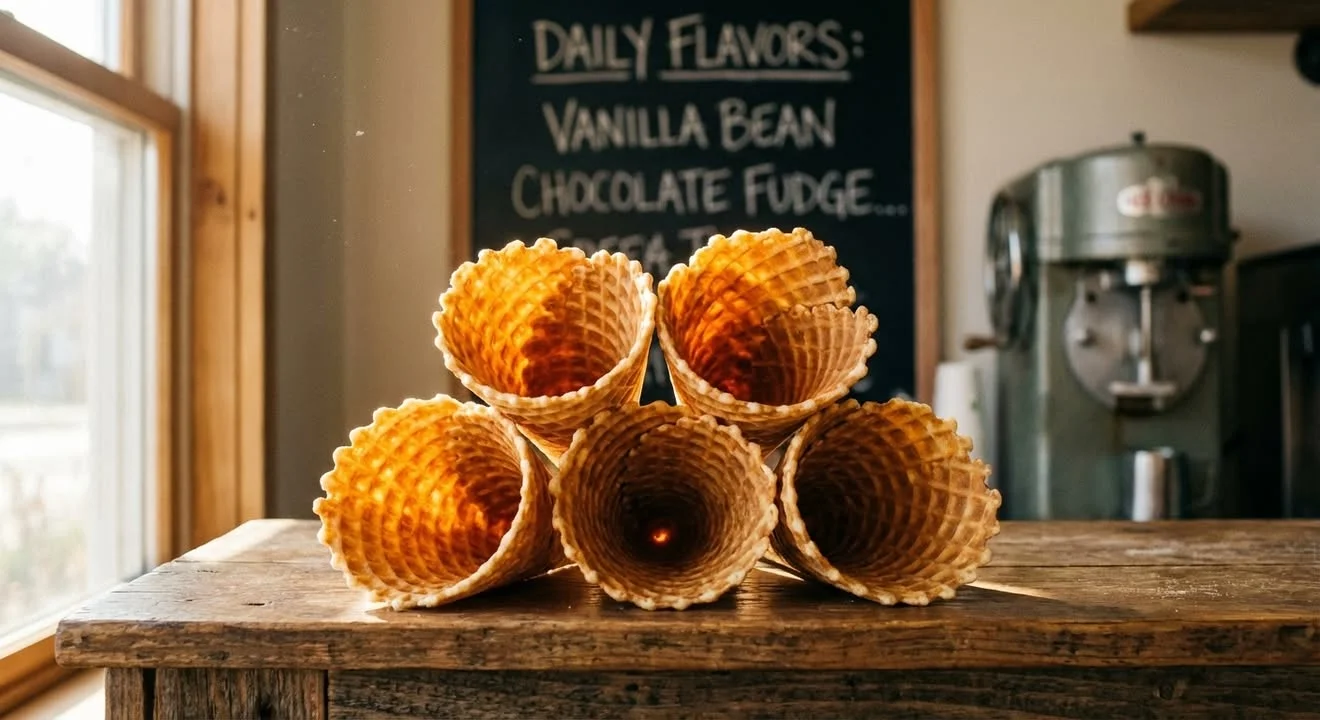 Waffle cones stacked in a cozy ice cream shop
