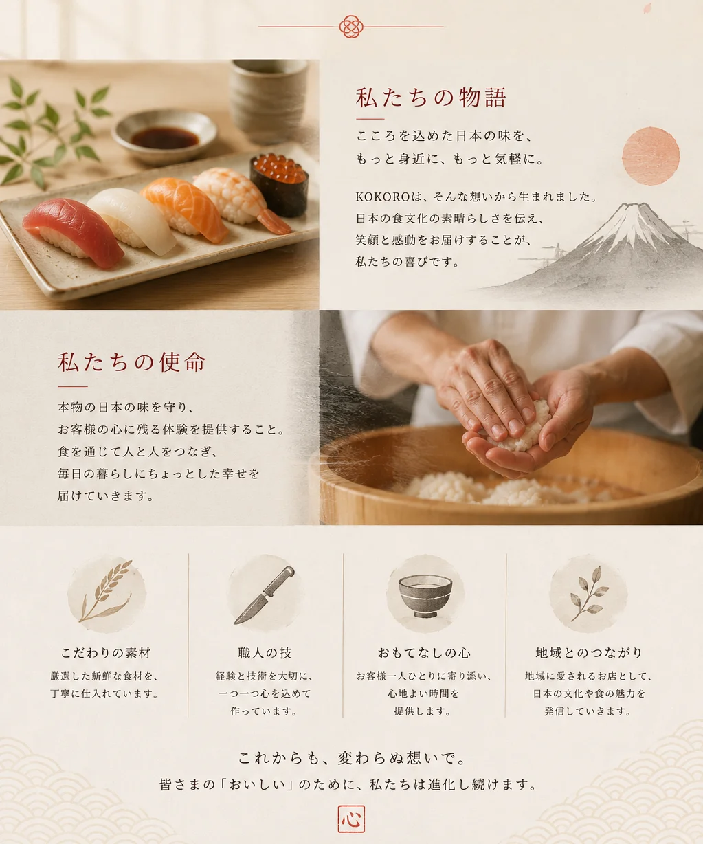 Kokoro Japanese Cuisine story and mission with sushi and rice preparation.