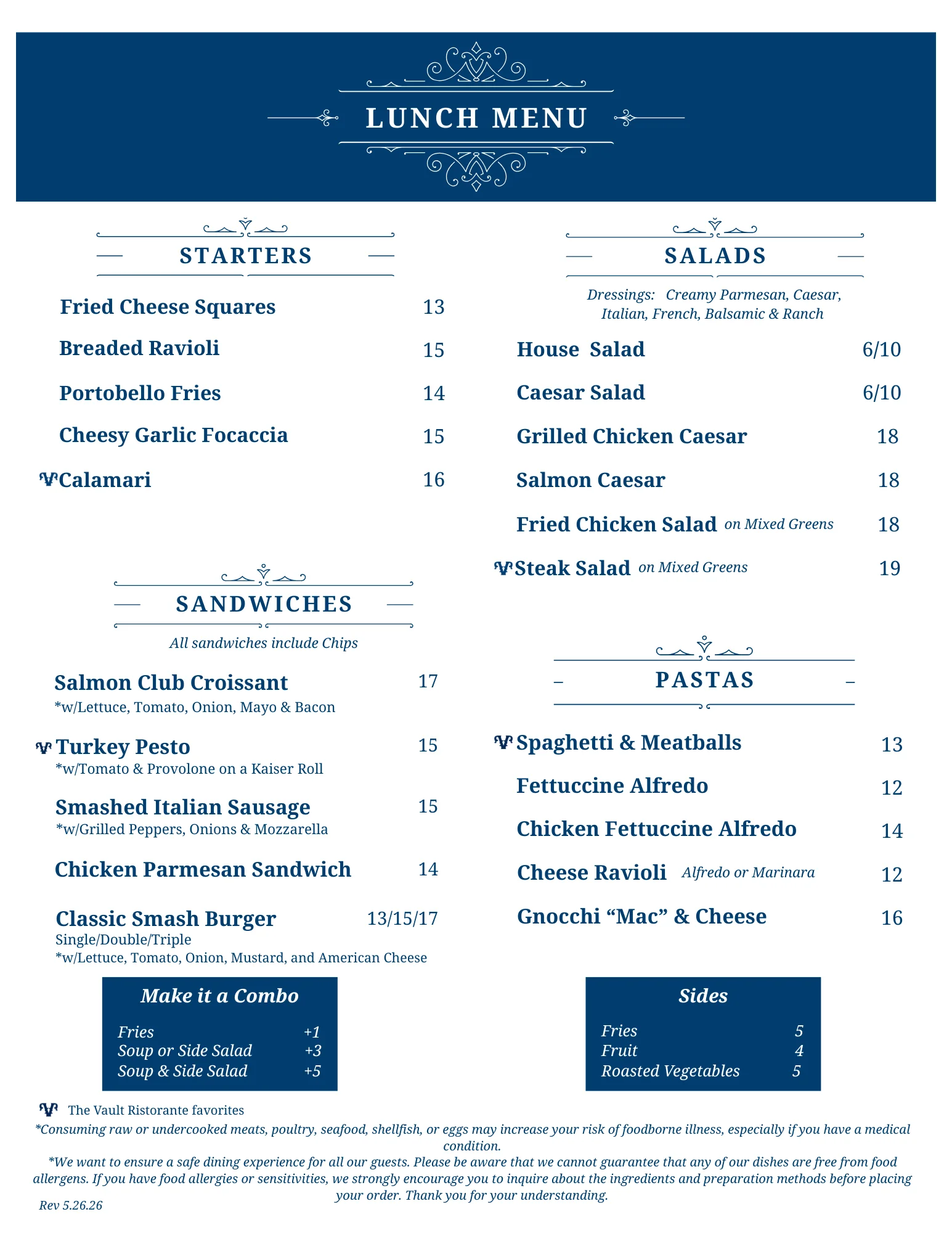 Lunch menu featuring Italian and American dishes