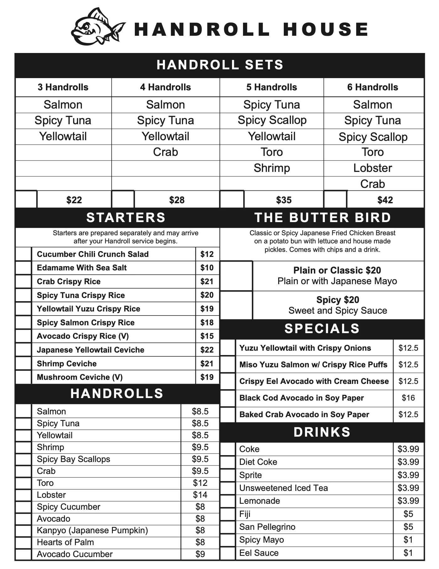 Handroll House Japanese restaurant menu with handroll sets and sushi dishes