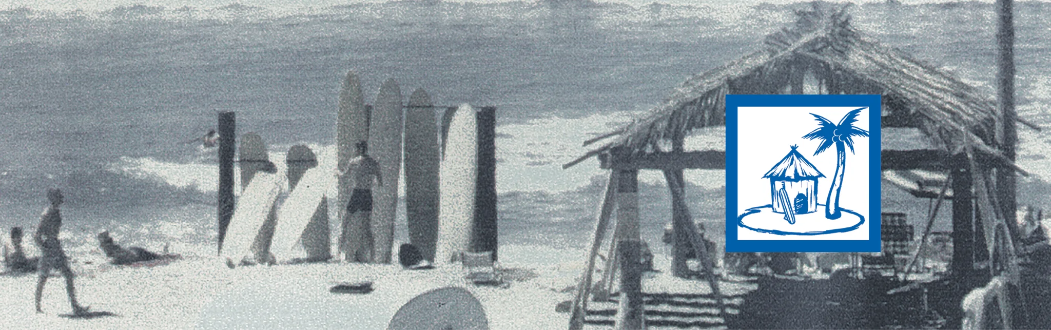 Vintage beach scene with surfers and a thatched hut