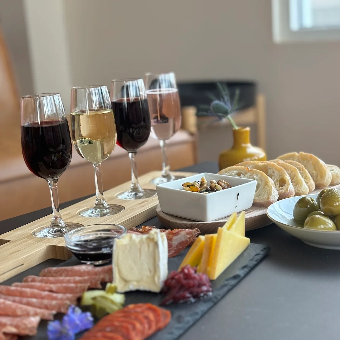 Charcuterie board with wine tasting selection