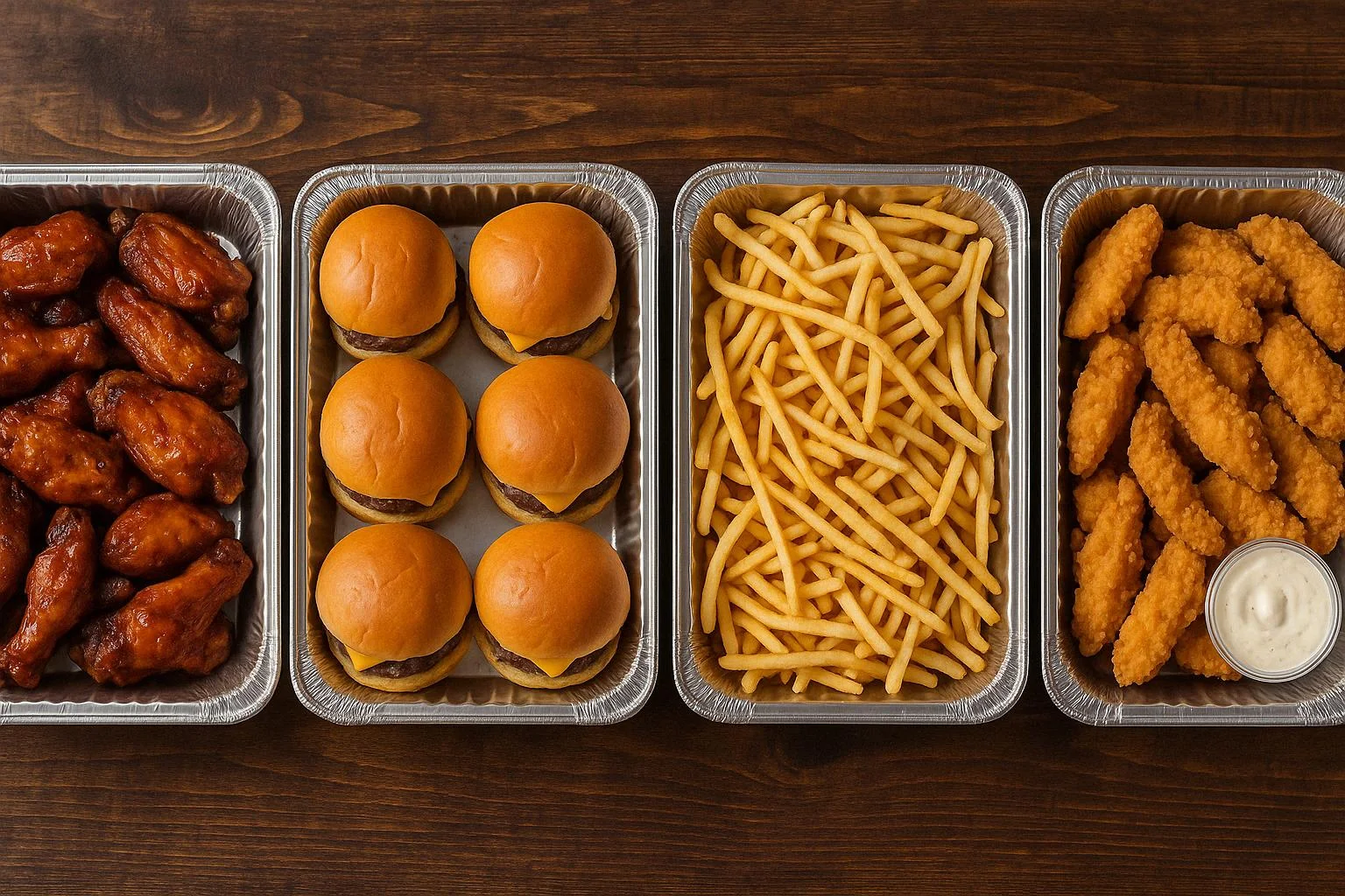 Assorted American comfort food: wings, sliders, fries, and chicken tenders