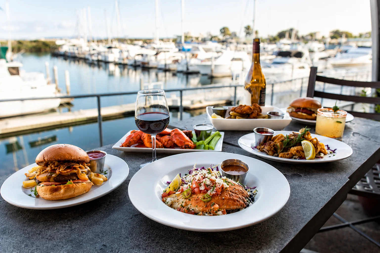 Grilled salmon with rice and fresh vegetables at a waterfront restaurant