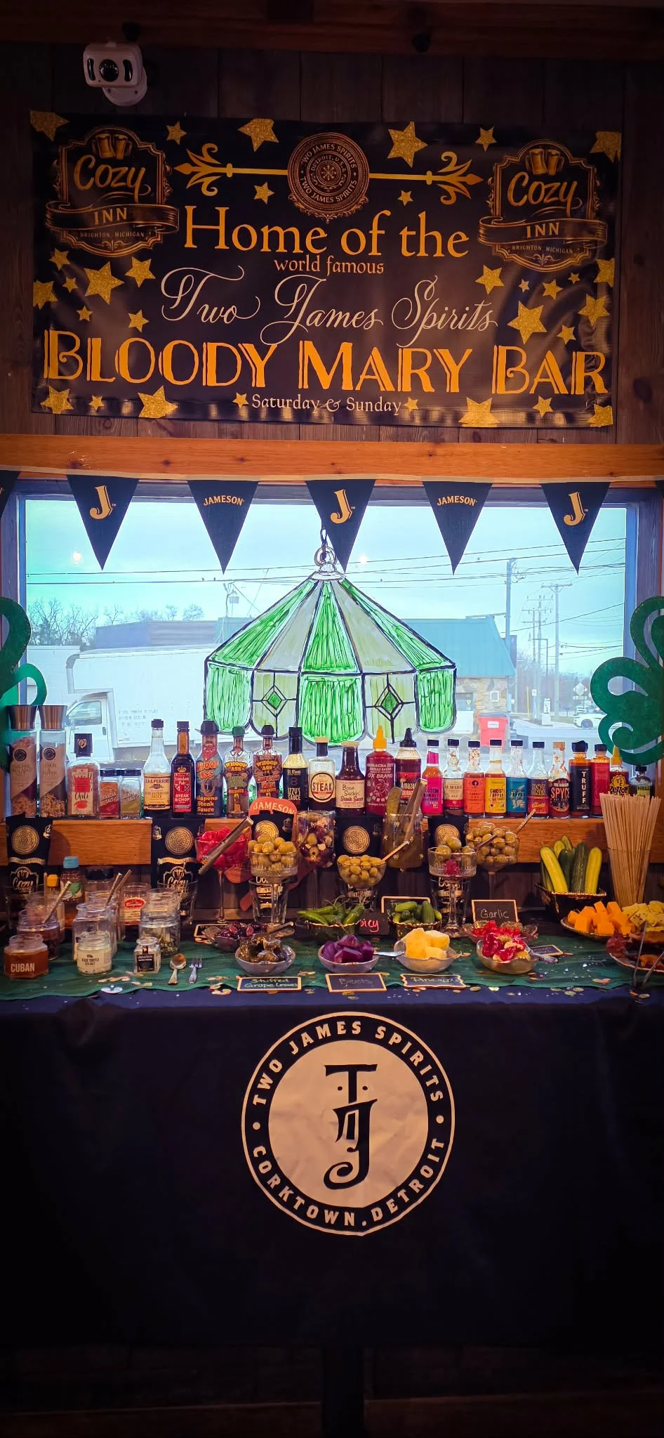 Bloody Mary bar setup at a cozy restaurant