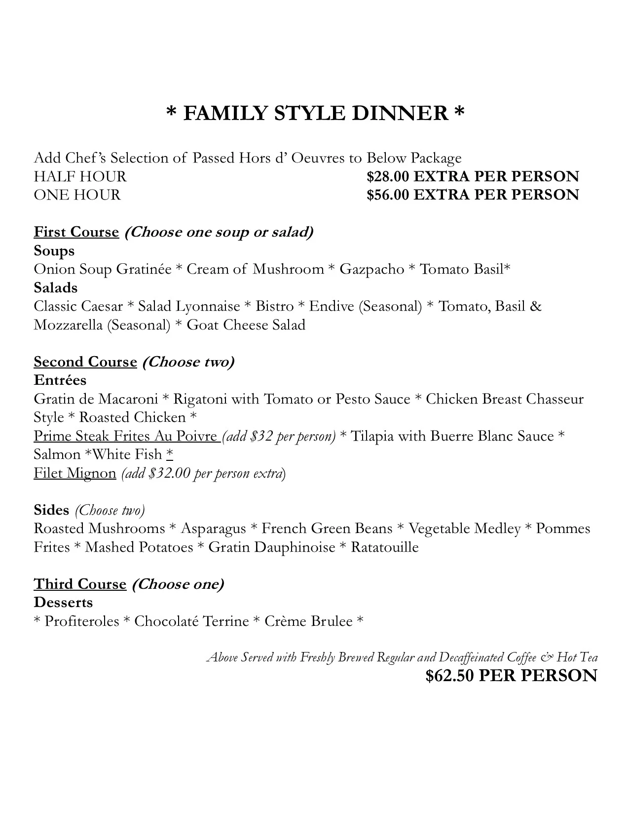 Elegant family style dinner menu with diverse courses and pricing details