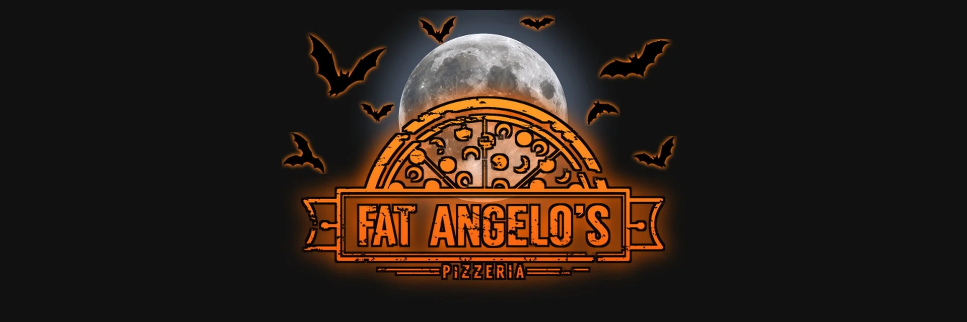Halloween-themed pizzeria logo with bats and moon