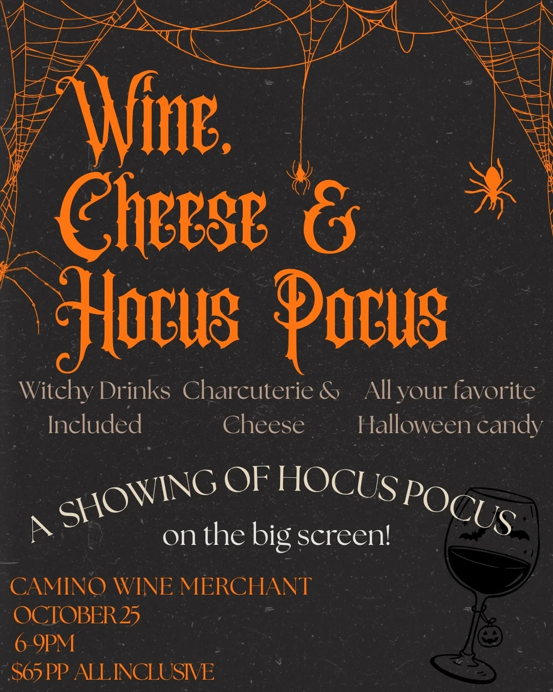 Halloween wine and cheese event poster with spiderweb typography