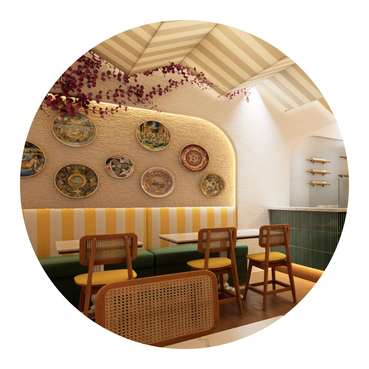 Charming restaurant interior with colorful plates and cozy seating