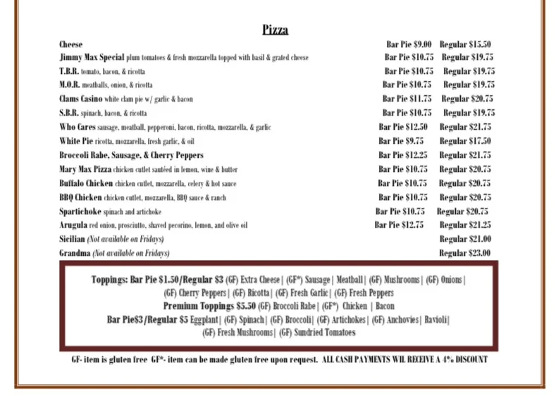 Jimmy Max Pizza Menu Prices