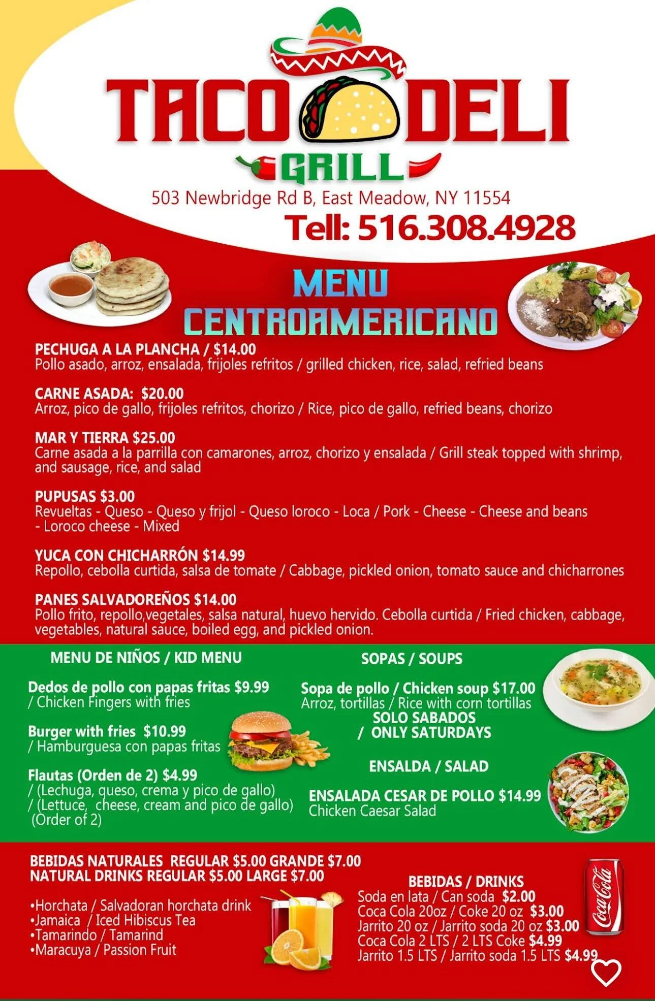 Central American menu featuring tacos and traditional dishes