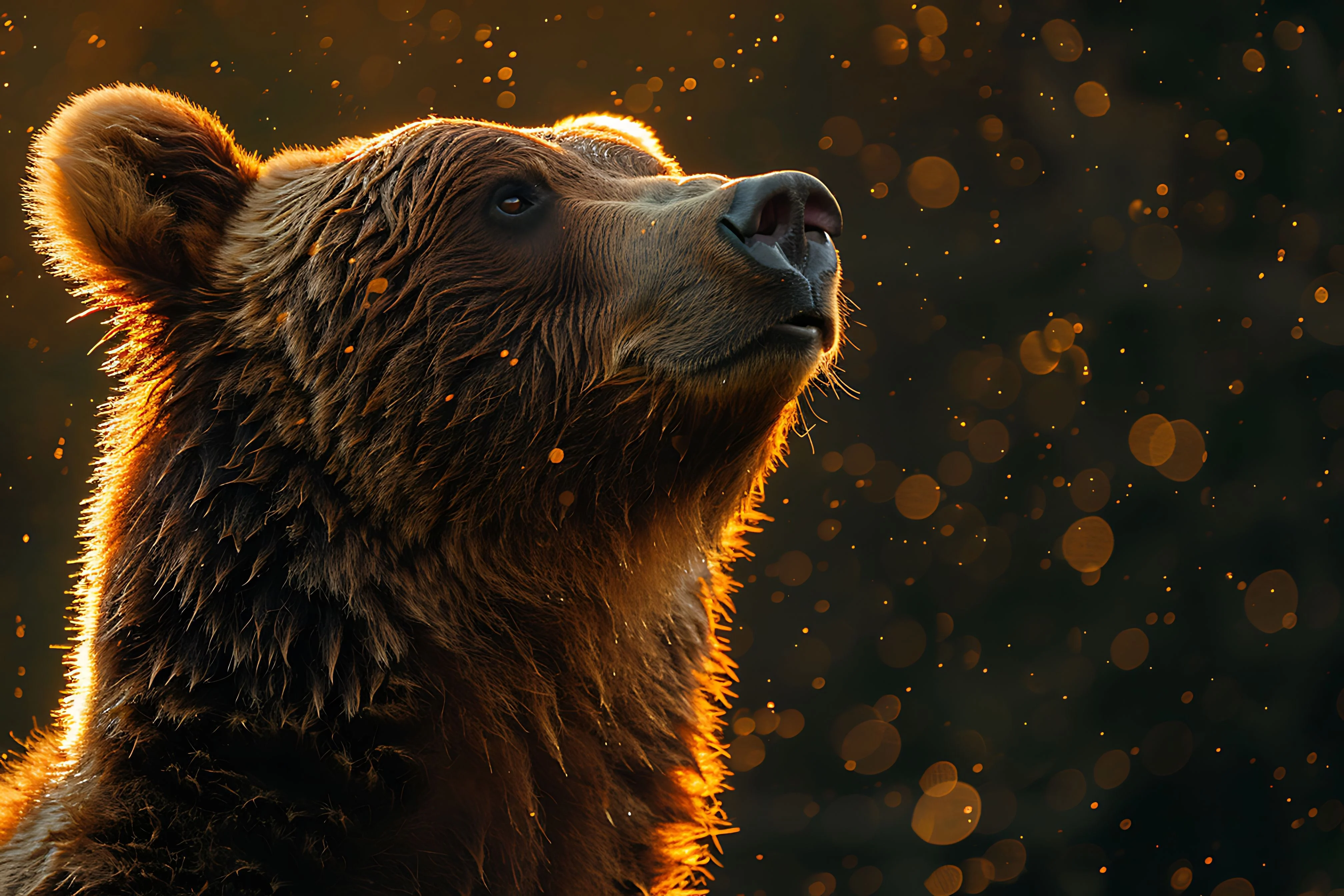 Close-up of a bear illuminated by sunlight