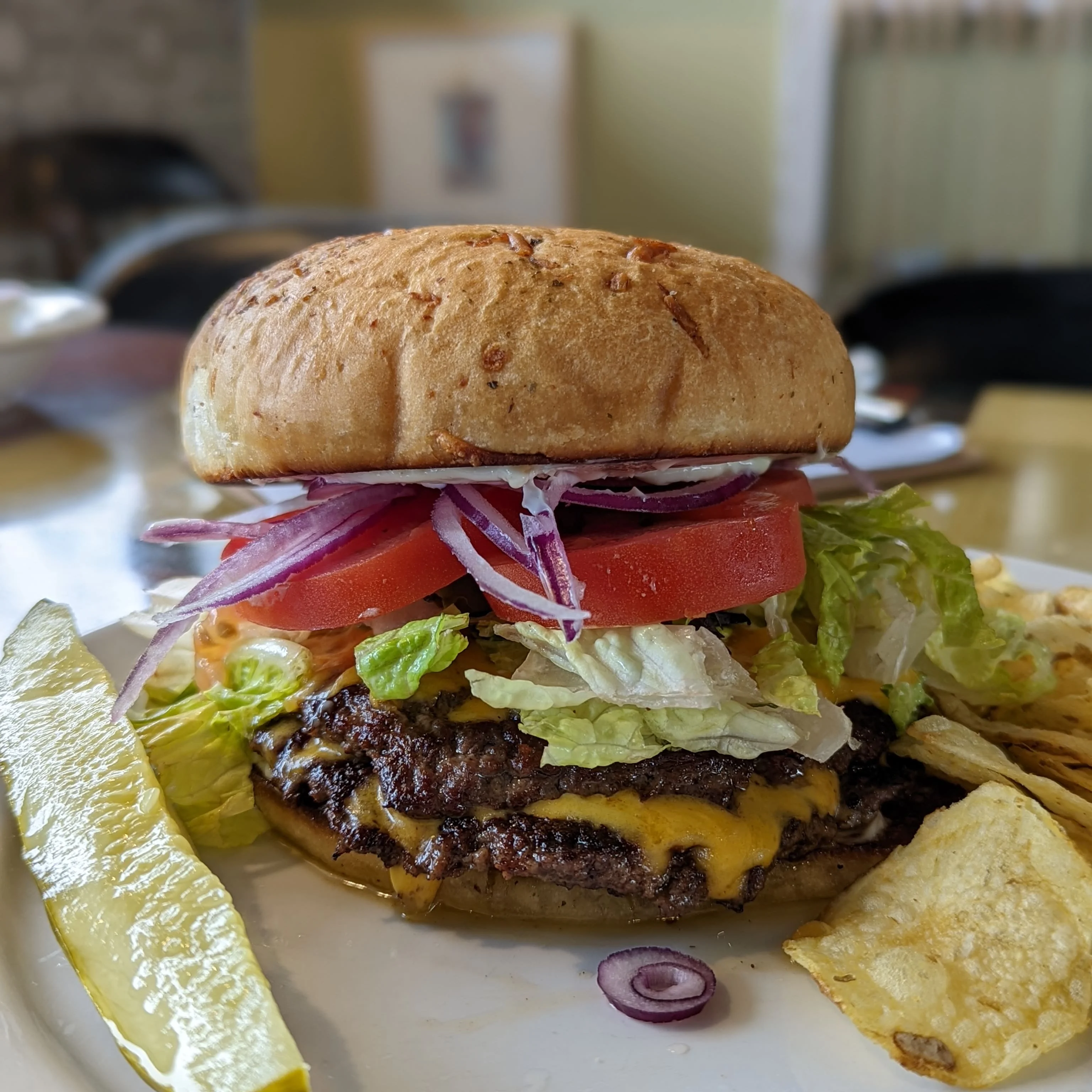 Dobble Smash Burgers Fresh ingredients on a butter toasted bun 