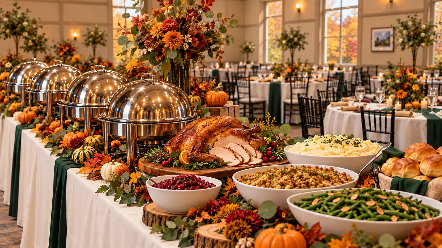 Thanksgiving feast with roasted turkey and seasonal decor in a cozy restaurant setting