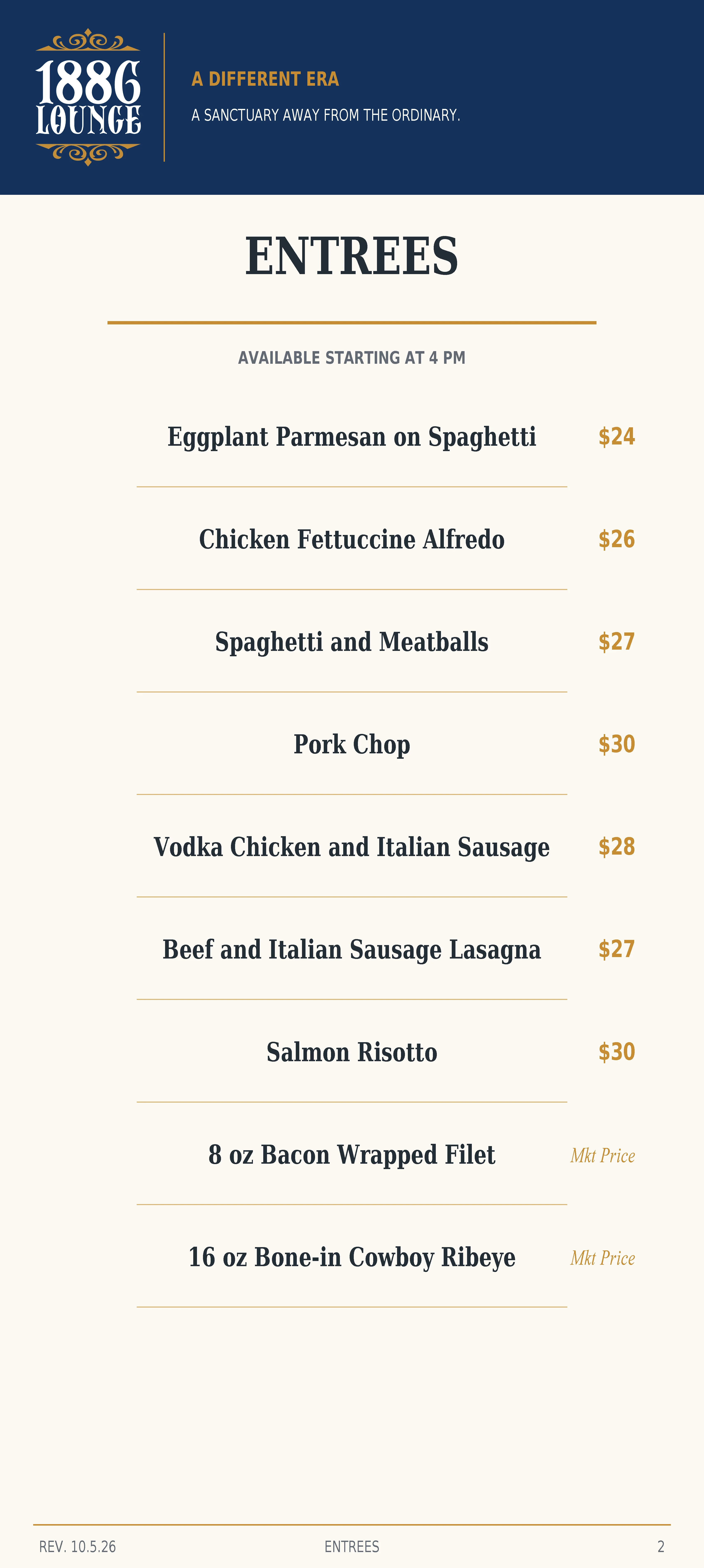 Delicious gourmet dishes served at 1886 Lounge