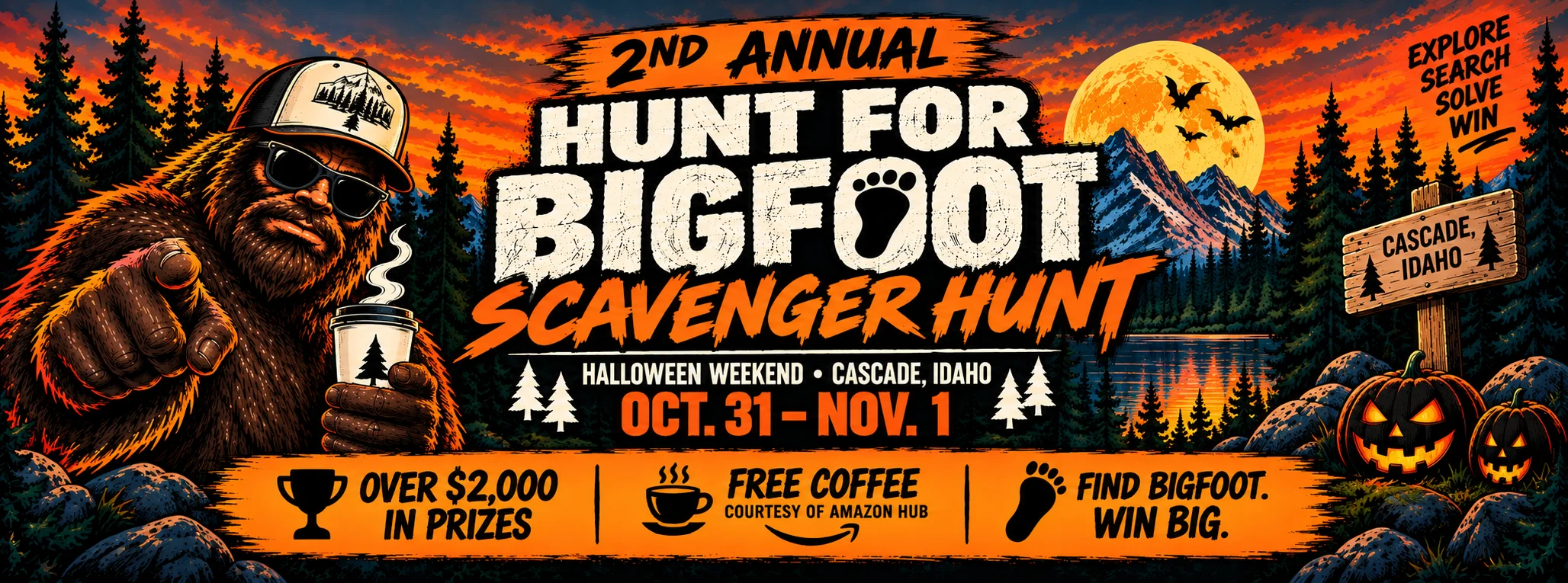 Bigfoot scavenger hunt event poster with Halloween graphics in Cascade, Idaho