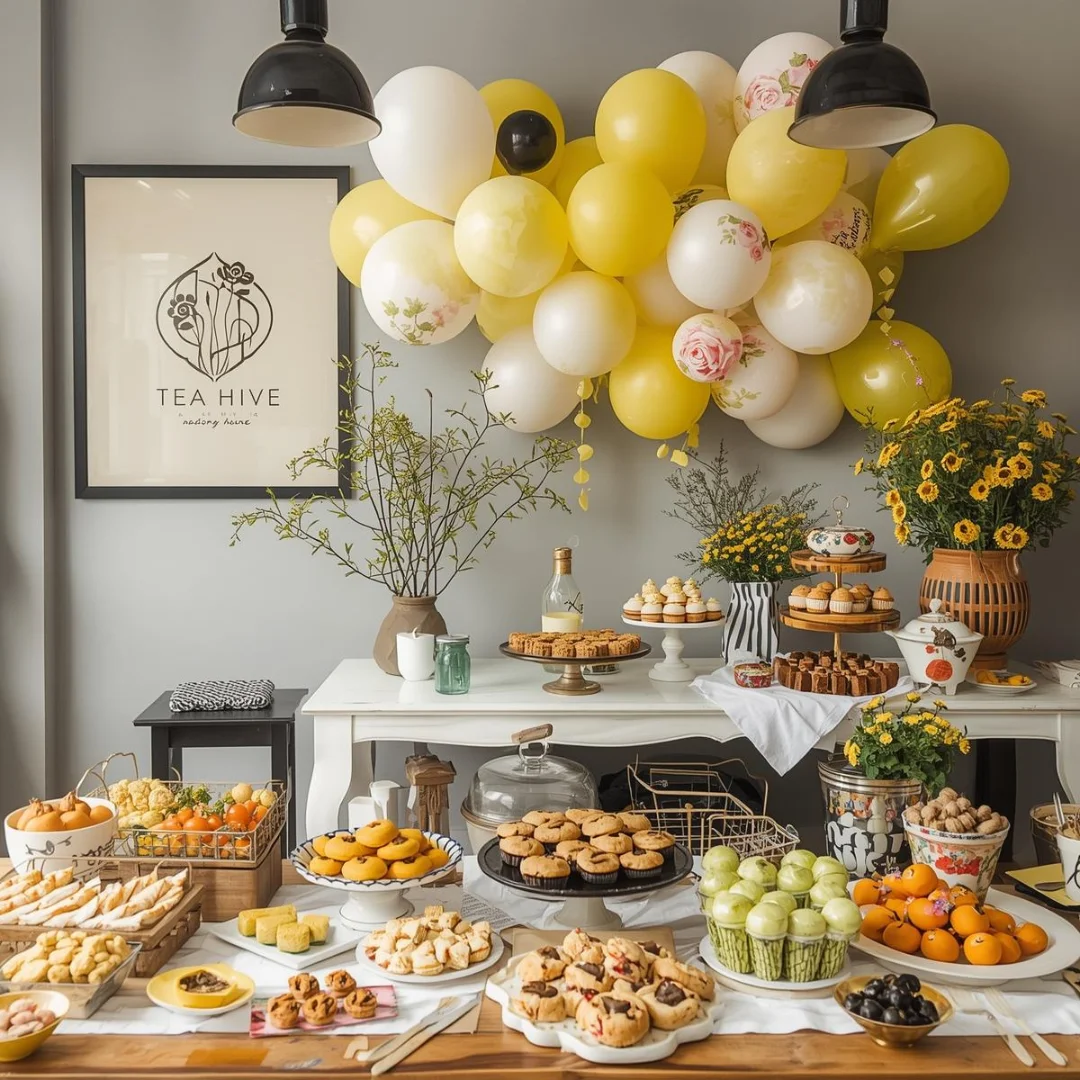 Charming dessert table with assorted pastries and floral decorations