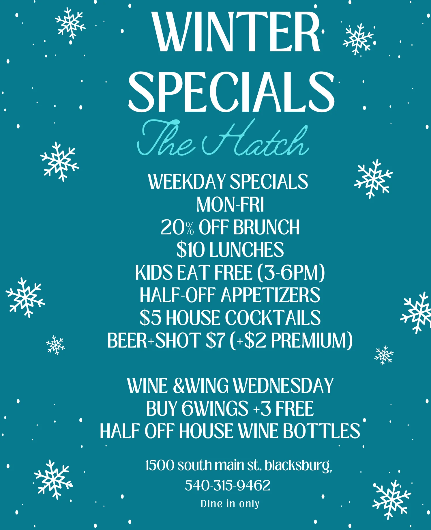 Winter specials promotional flyer for The Hatch restaurant