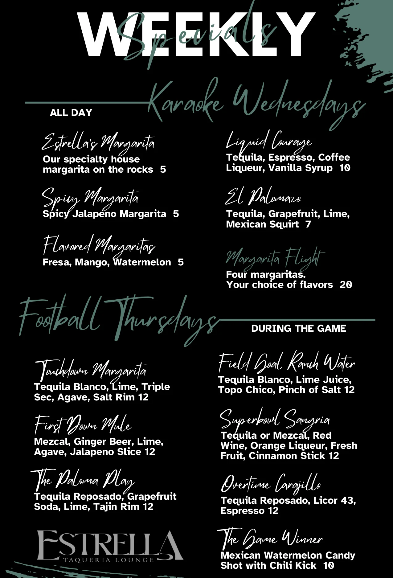 Weekly drink specials at a vibrant taqueria lounge