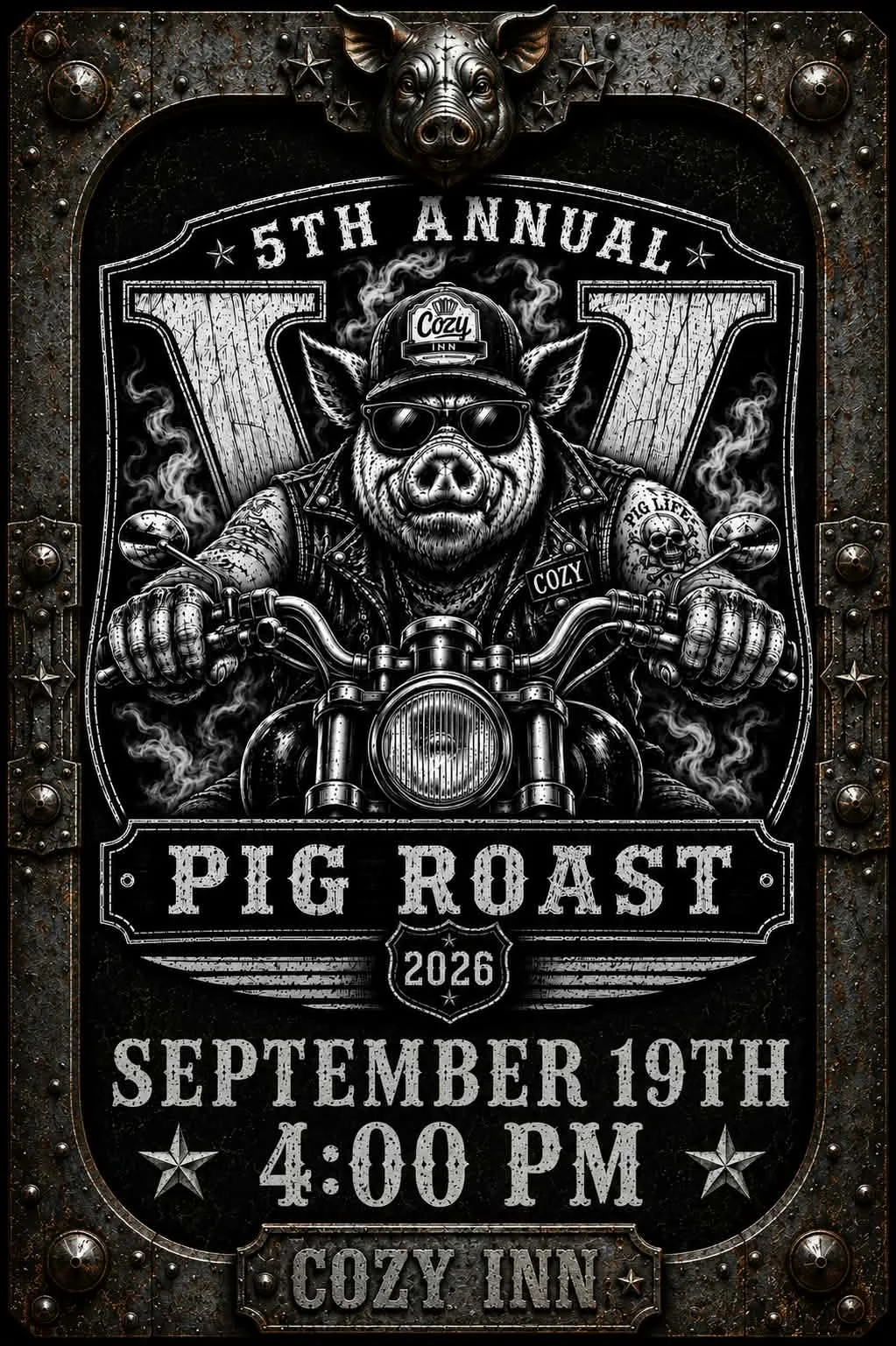 Promotional poster for the 5th Annual Pig Roast at Cozy Inn