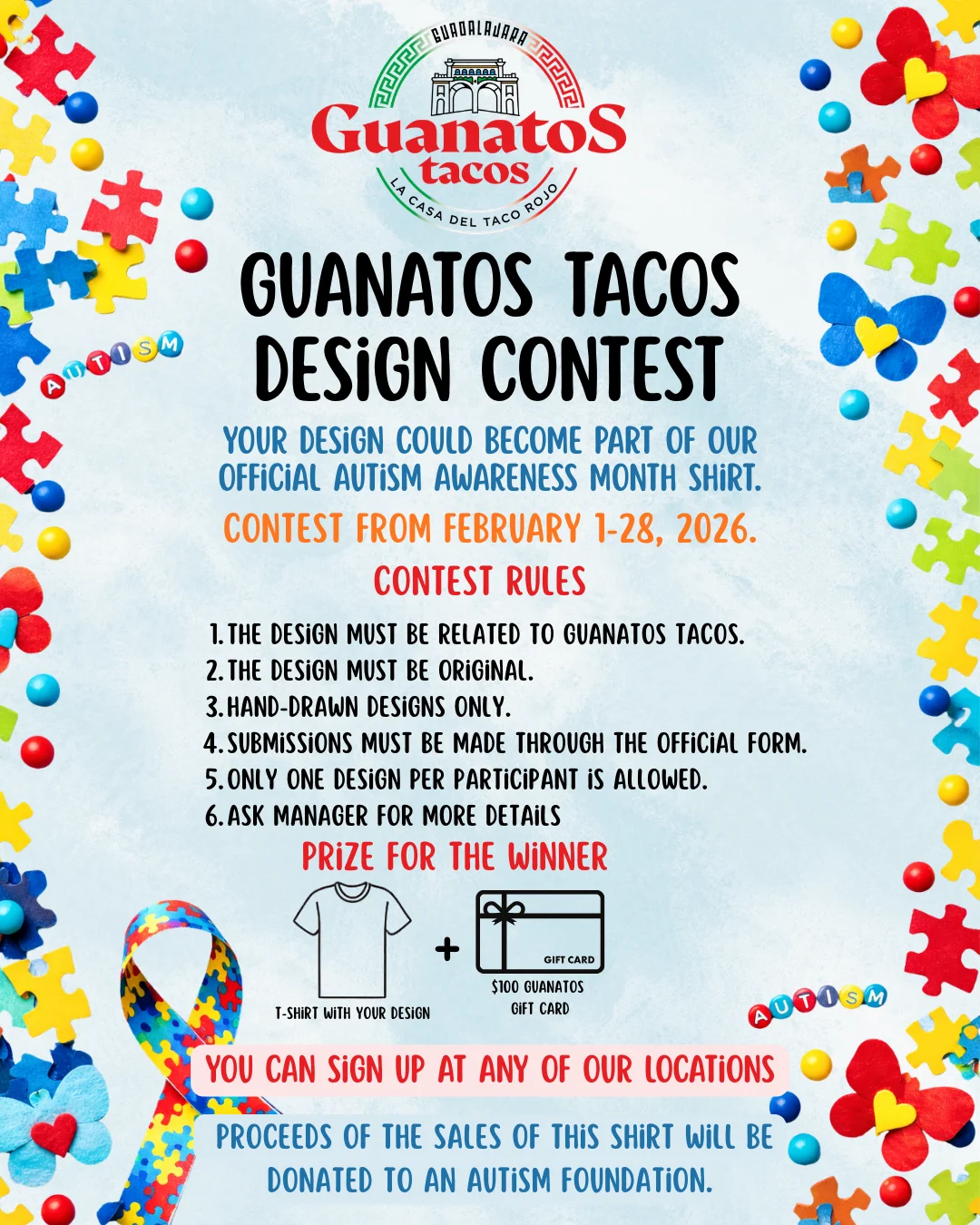Guanatos Tacos design contest for Autism Awareness Month