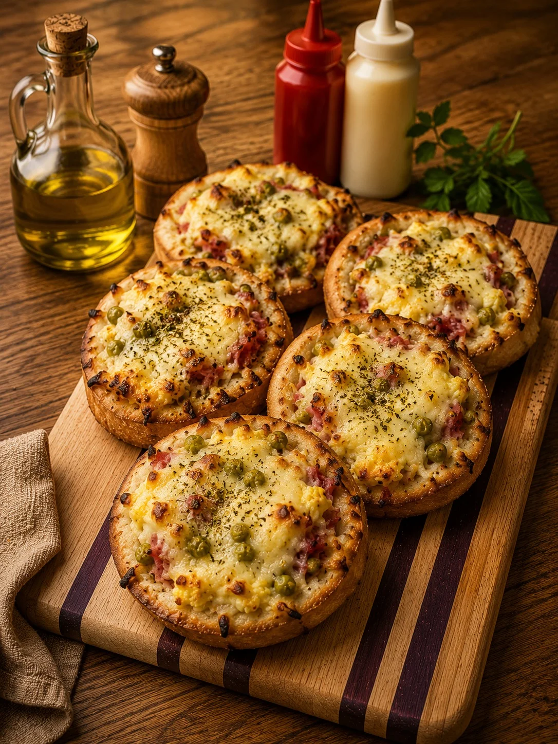 Savory mini pizzas with cheese and toppings on a wooden board