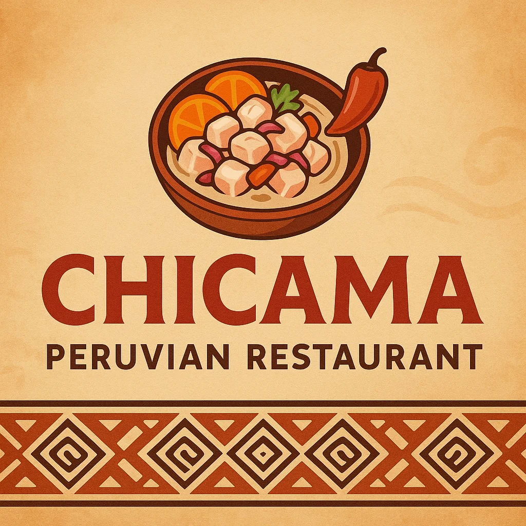 An artistic representation of a bowl featuring a Peruvian dish, accompanied by citrus slices and a chili pepper, with a decorative patterned border.