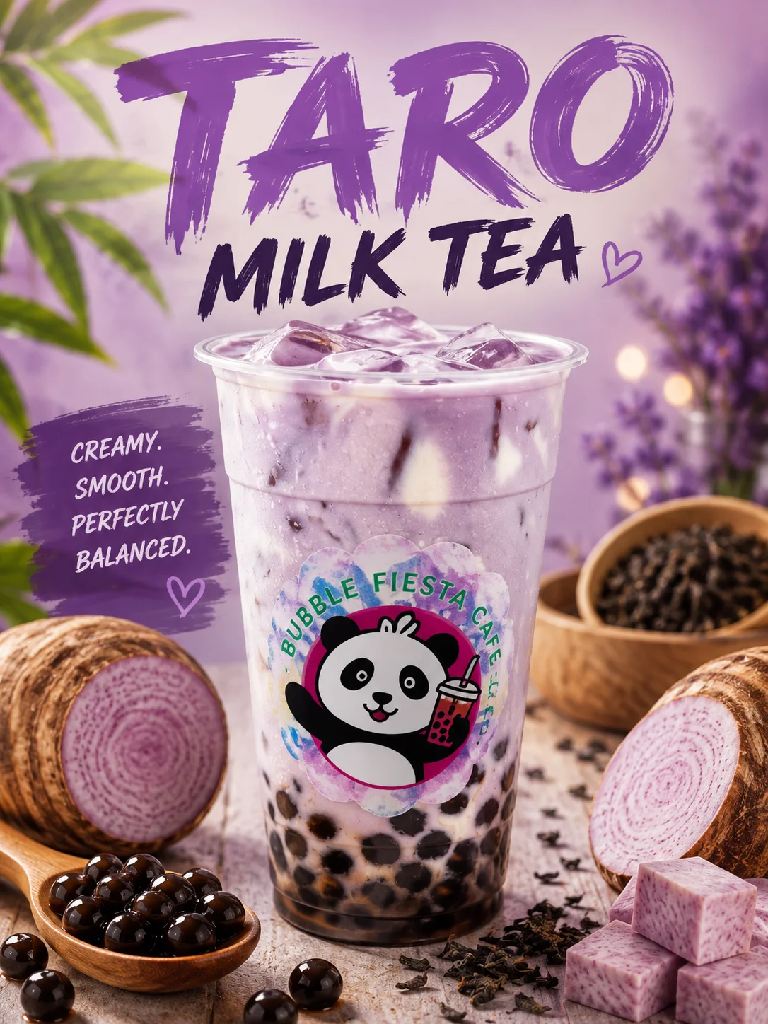Iced bubble tea with creamy layers in a scenic outdoor setting