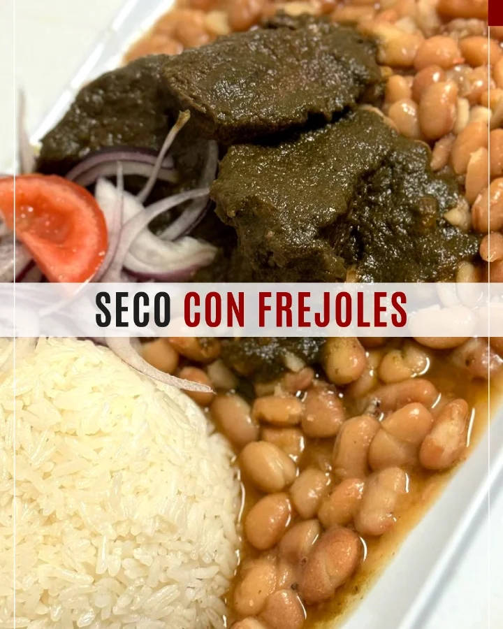 Peruvian seco con frejoles served with rice