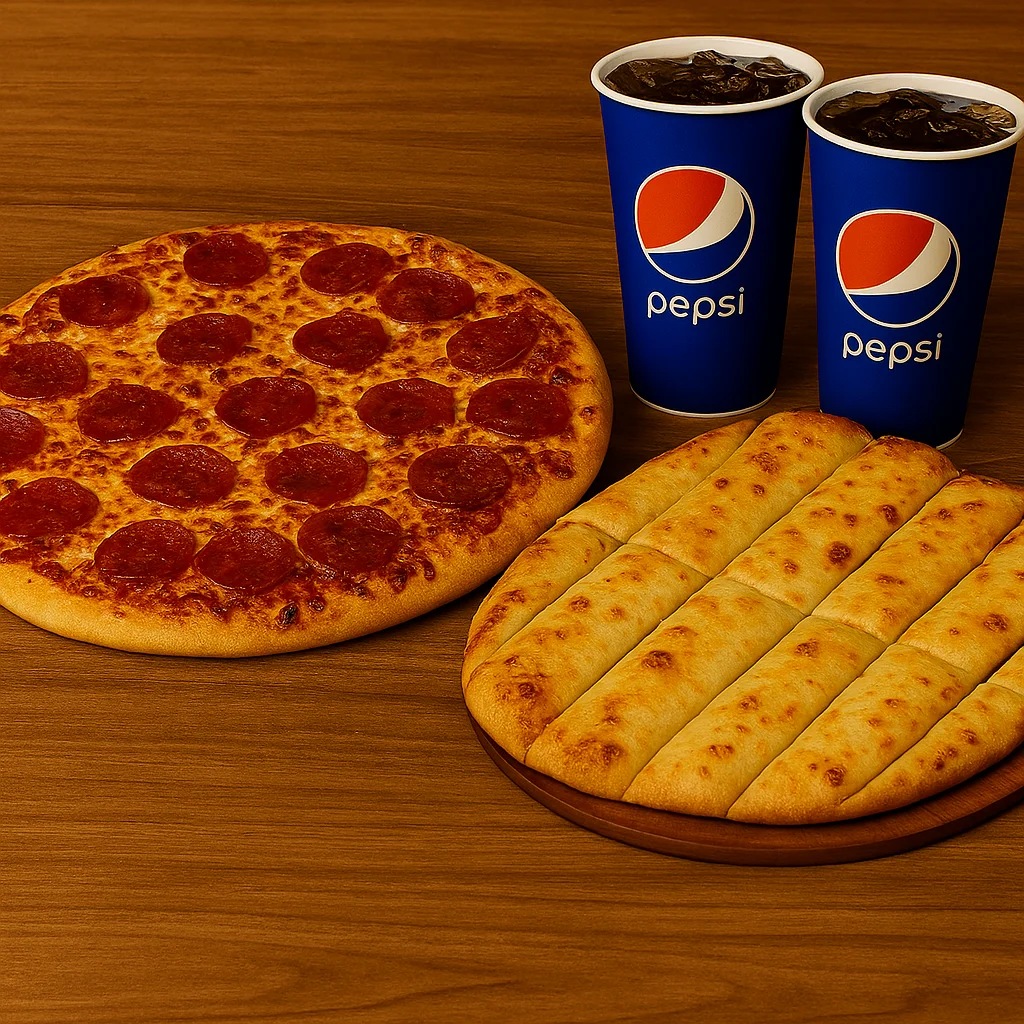 Pepperoni pizza with cheesy breadsticks and soft drinks