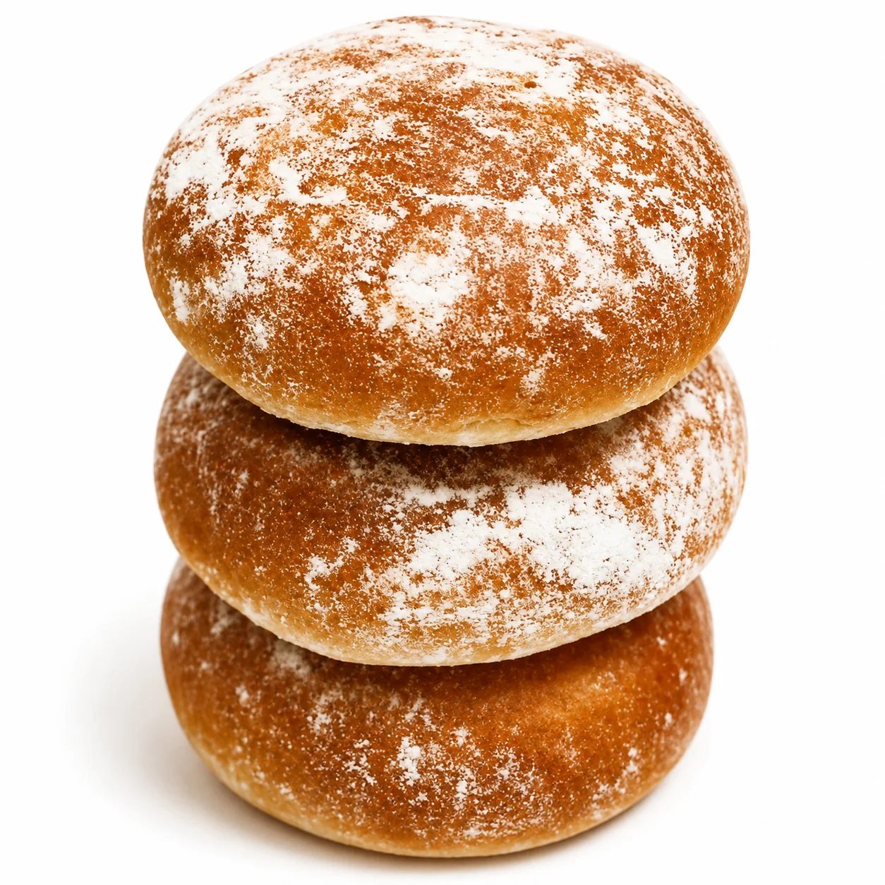 Three powdered sugar-dusted round pastries stacked on top of each other.