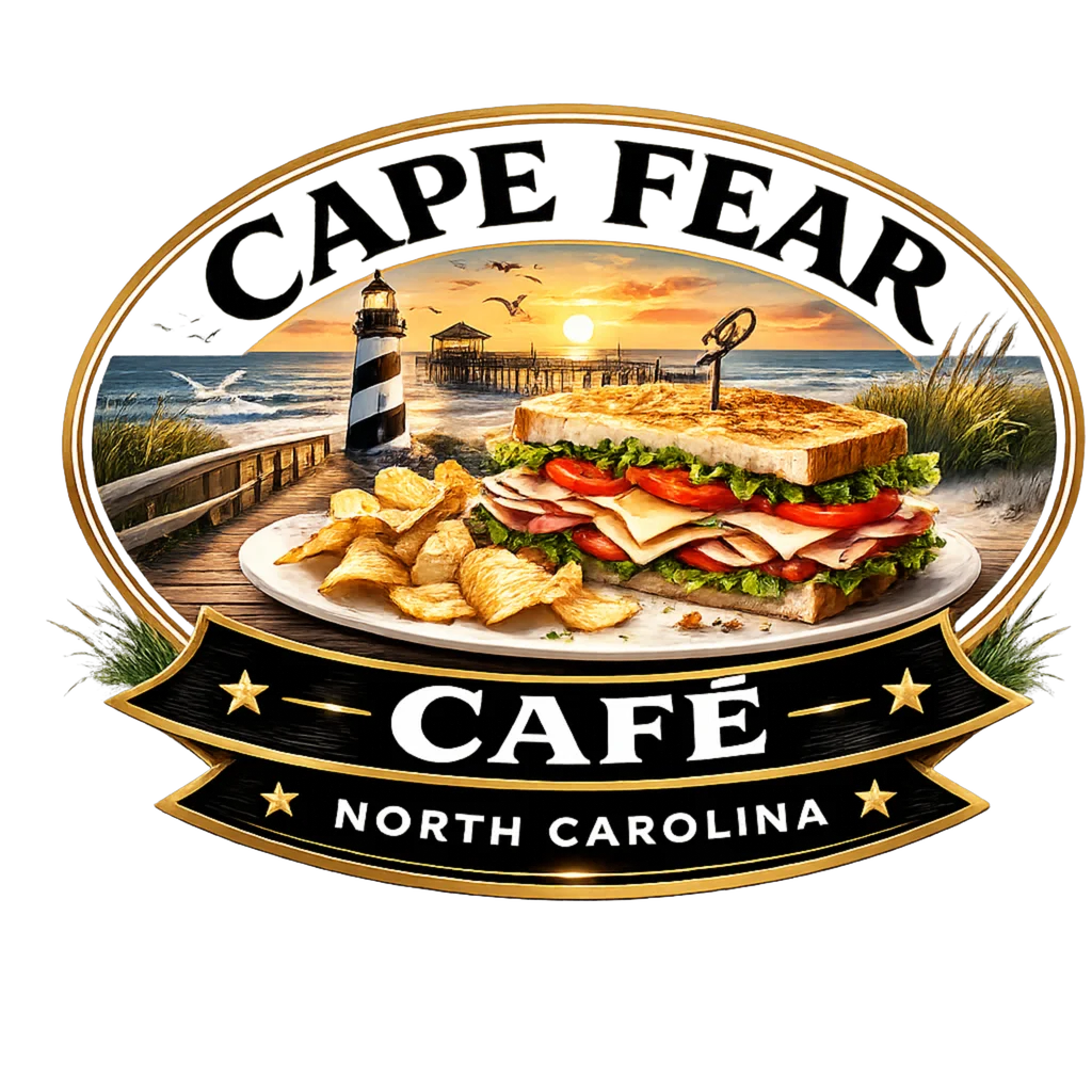 A colorful logo for a café featuring a sandwich with layers of meats, cheese, and vegetables, accompanied by chips. The backdrop includes a scenic ocean view with a lighthouse and wooden pier.