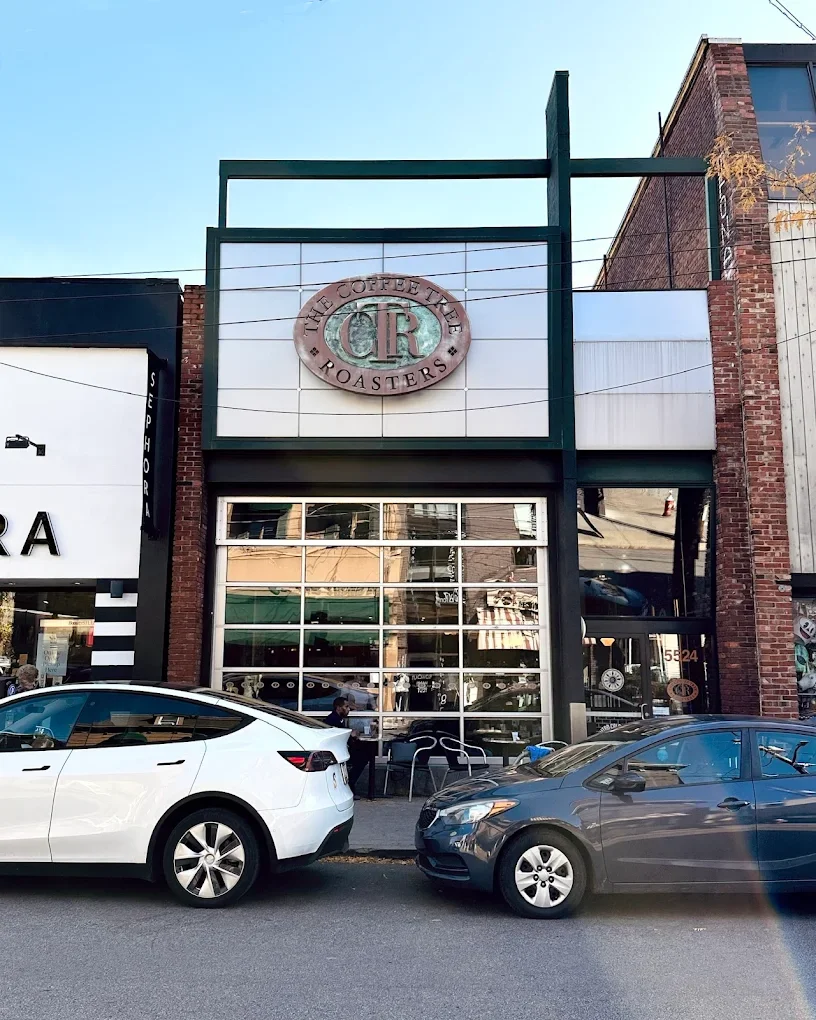 Street view of a coffee shop with a large window and a round logo sign reading "The Coffee Tree Roasters." Parked cars are in the foreground.