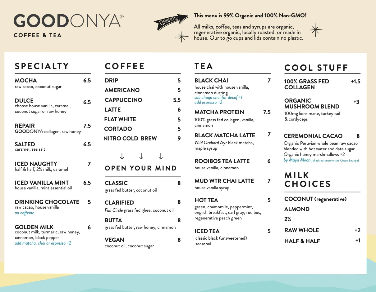 Organic coffee and tea menu featuring specialty drinks and milk options
