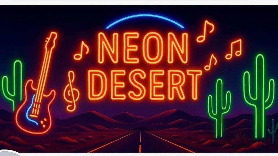 Neon sign for Neon Desert music festival with guitar and cacti