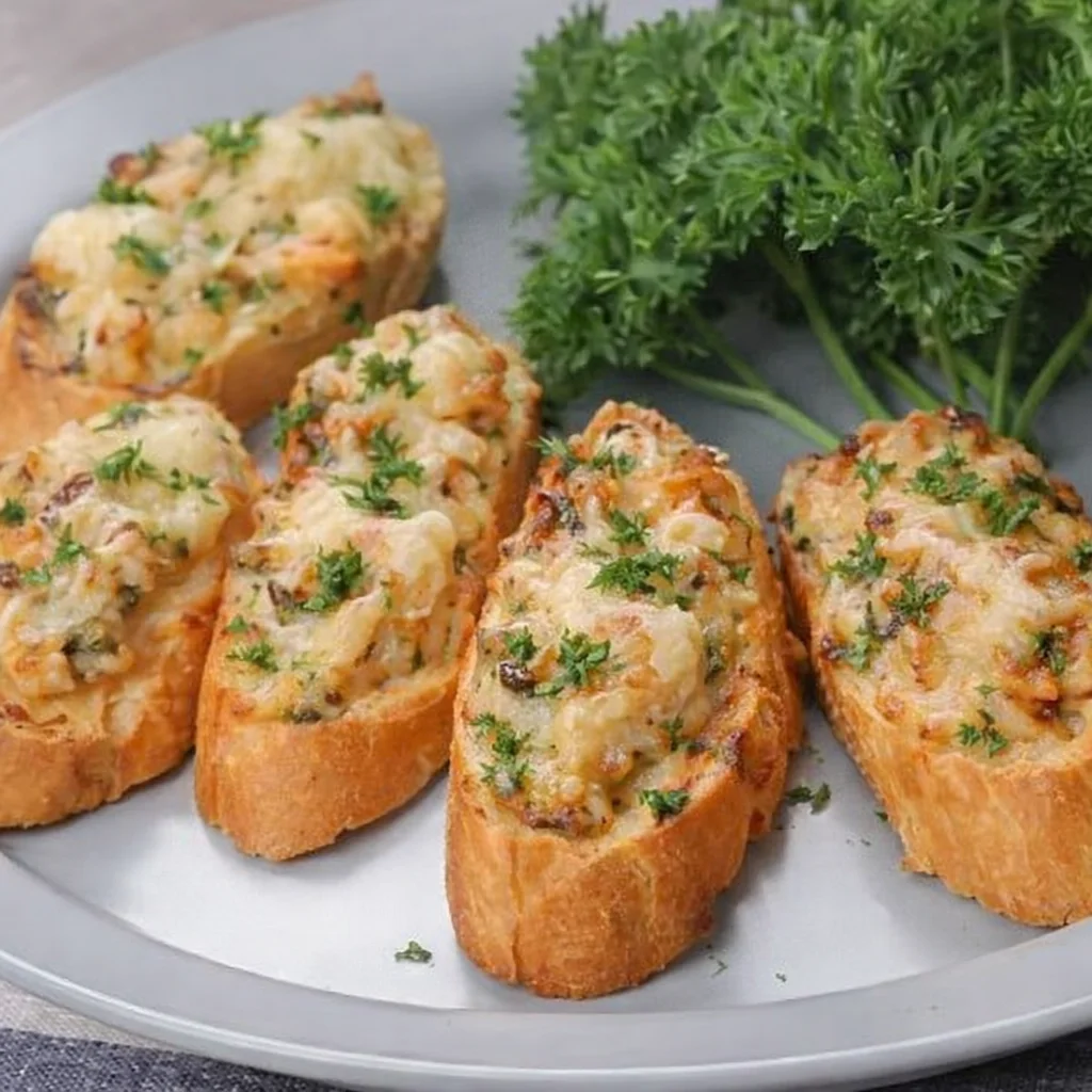 A plate of baked bread topped with a cheesy mixture, garnished with fresh parsley. The bread has a golden-brown crust.
