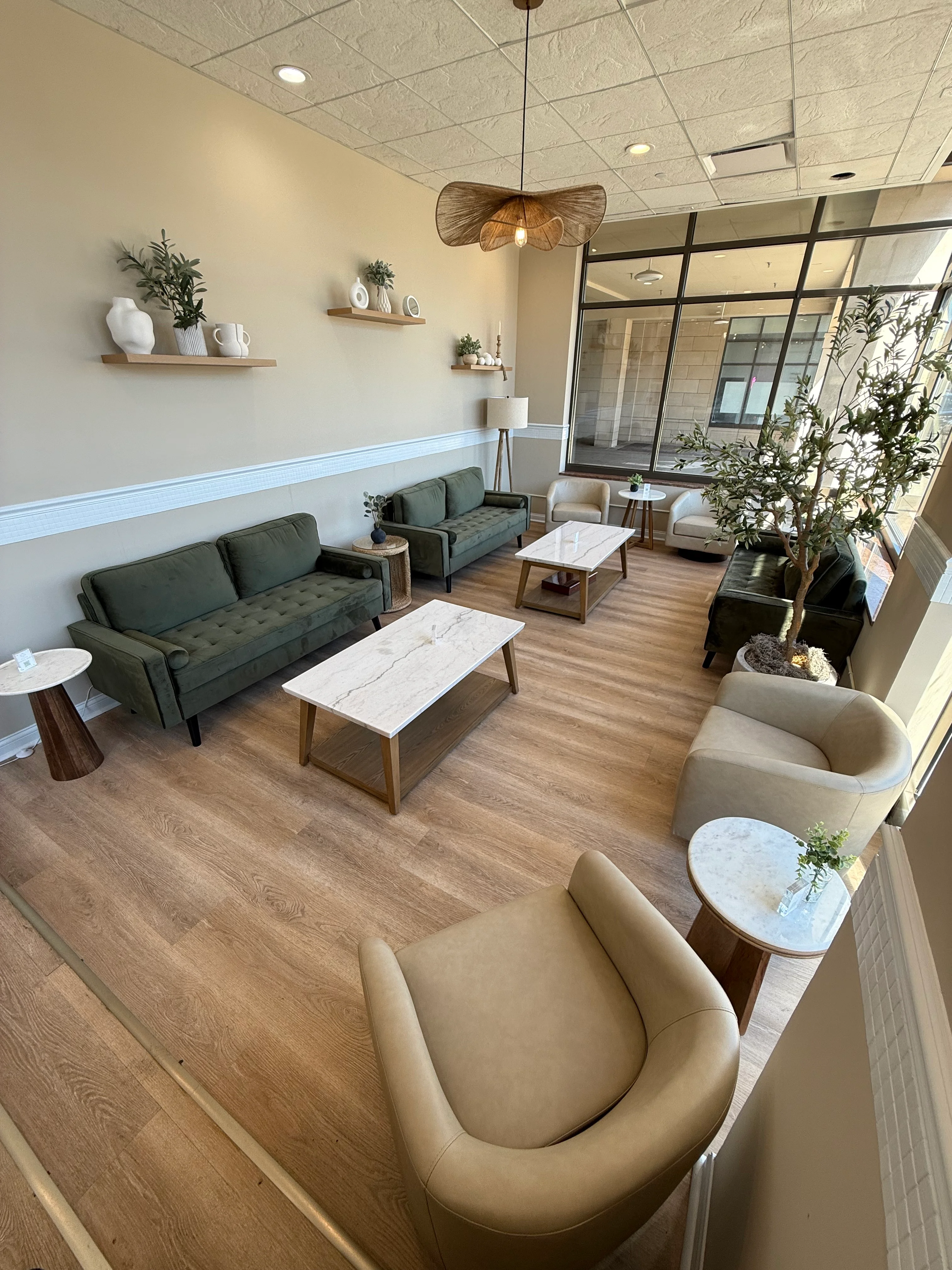 Modern restaurant interior with cozy seating and natural light
