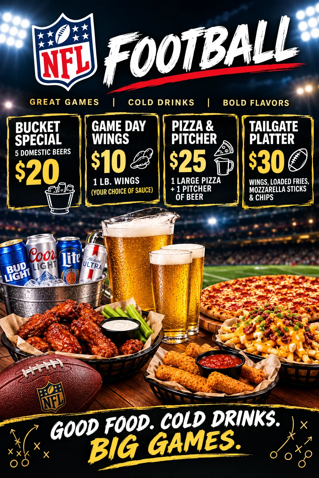 NFL game day food platter with wings, pizza, and drinks